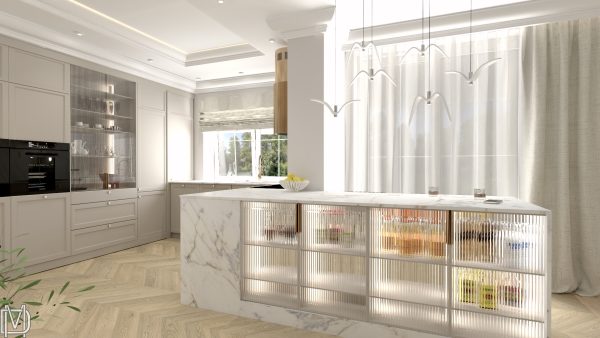 Projekt salonu z kuchnią sztukateria