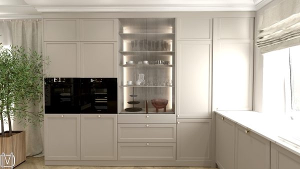 Projekt salonu z kuchnią sztukateria