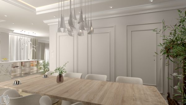 Projekt salonu z kuchnią sztukateria