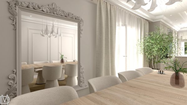 Projekt salonu z kuchnią sztukateria
