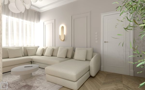 Projekt salonu z kuchnią sztukateria