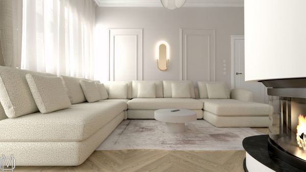 Projekt salonu z kuchnią sztukateria